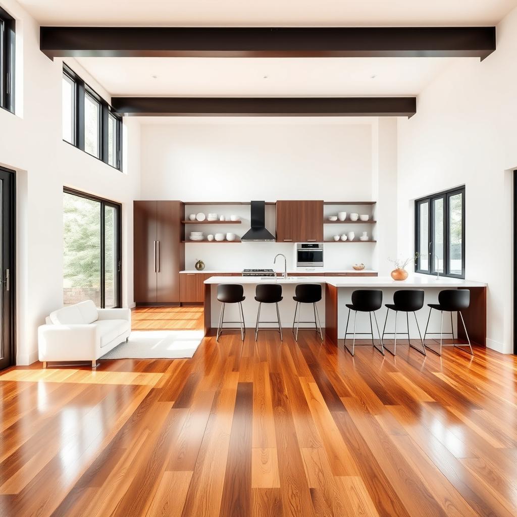 A modern living room kitchen combined, featuring a beautiful wooden floor gleaming with a warm finish that highlights the texture of the wood