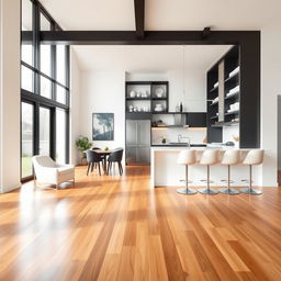 A modern living room kitchen combined, featuring a beautiful wooden floor gleaming with a warm finish that highlights the texture of the wood