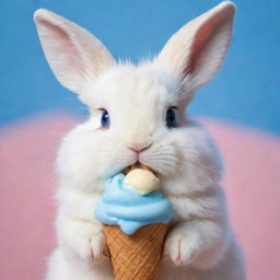 A lovable, fluffy bunny with bright blue eyes and chubby cheeks, adorably munching on an ice cream cone.