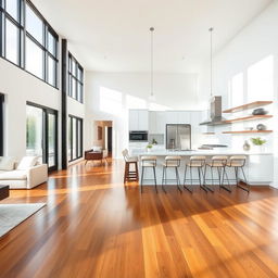 A modern living room kitchen combined, featuring a beautiful wooden floor gleaming with a warm finish that highlights the texture of the wood