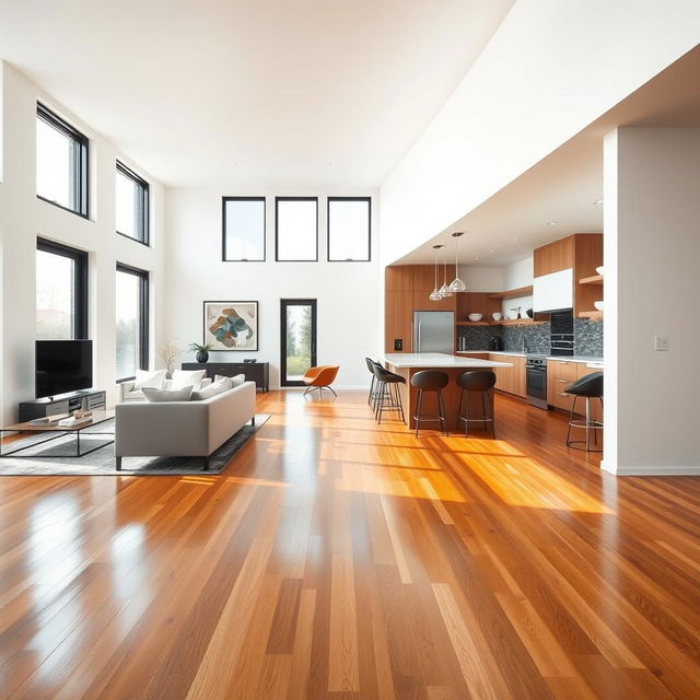 A modern living room kitchen combined, featuring a beautiful wooden floor gleaming with a warm finish that highlights the texture of the wood