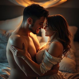 A passionate and intimate moment between two adults, captured in a soft and romantic light