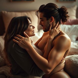 A passionate and intimate moment between two adults, captured in a soft and romantic light