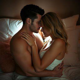 A passionate and intimate moment between two adults, captured in a soft and romantic light