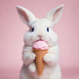 A lovable, fluffy bunny with bright blue eyes and chubby cheeks, adorably munching on an ice cream cone.