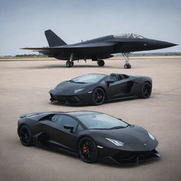 A sleek, polished black Lamborghini alongside a formidable matte black fighter jet, both positioned strikingly on a spacious tarmac.