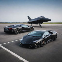 A sleek, polished black Lamborghini alongside a formidable matte black fighter jet, both positioned strikingly on a spacious tarmac.