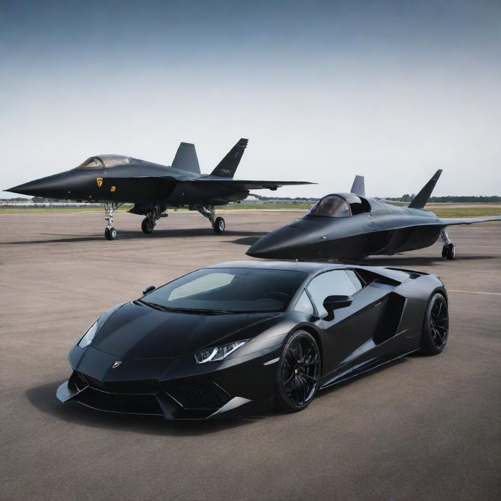 A sleek, polished black Lamborghini alongside a formidable matte black fighter jet, both positioned strikingly on a spacious tarmac.