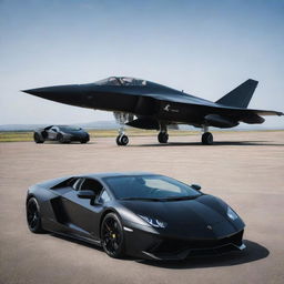 A sleek, polished black Lamborghini alongside a formidable matte black fighter jet, both positioned strikingly on a spacious tarmac.