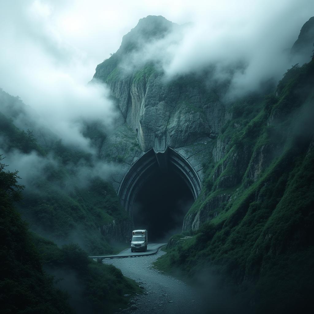 A dramatic mountain landscape featuring a massive vehicle tunnel carved into the rock