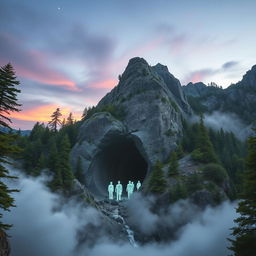 A picturesque mountain scene featuring a large vehicle tunnel