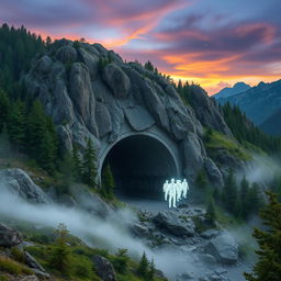 A picturesque mountain scene featuring a large vehicle tunnel