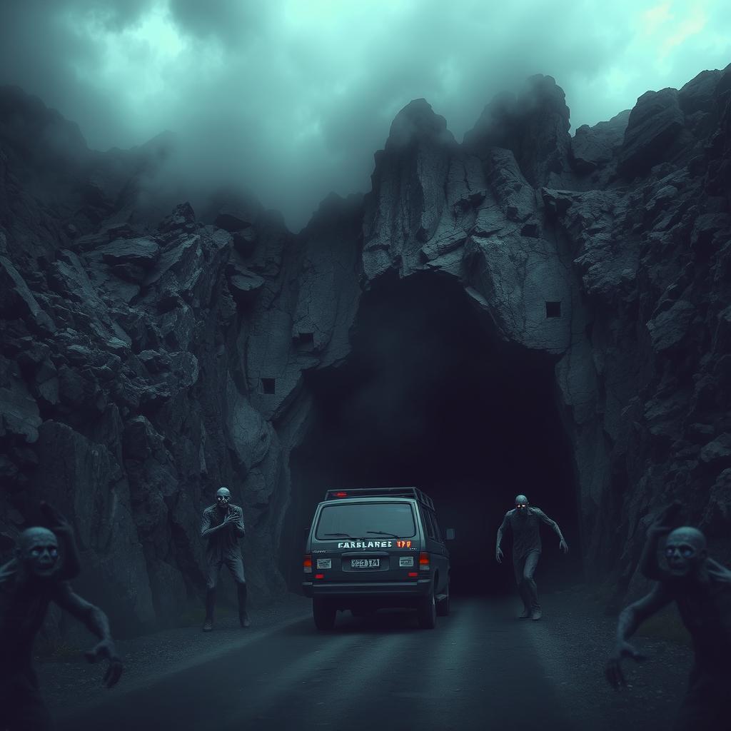 A thrilling mountain landscape featuring a vehicle tunnel carved into a steep rock face