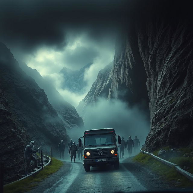 A thrilling mountain landscape featuring a vehicle tunnel carved into a steep rock face