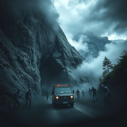 A thrilling mountain landscape featuring a vehicle tunnel carved into a steep rock face