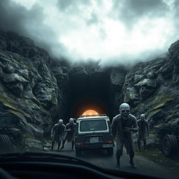 A thrilling mountain landscape featuring a vehicle tunnel carved into a steep rock face