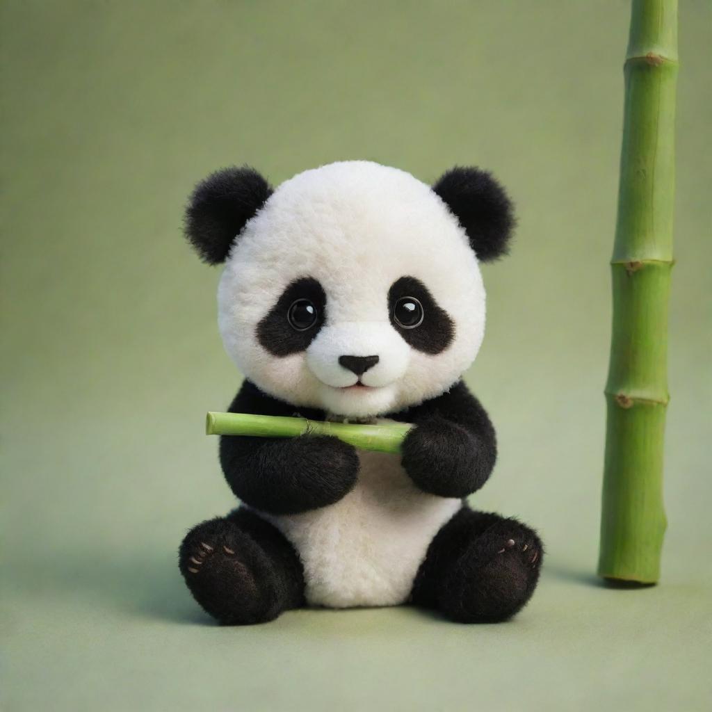 Design an adorable baby panda, with large, curious eyes, munching on a bamboo shoot, exuding the ultimate level of cuteness.