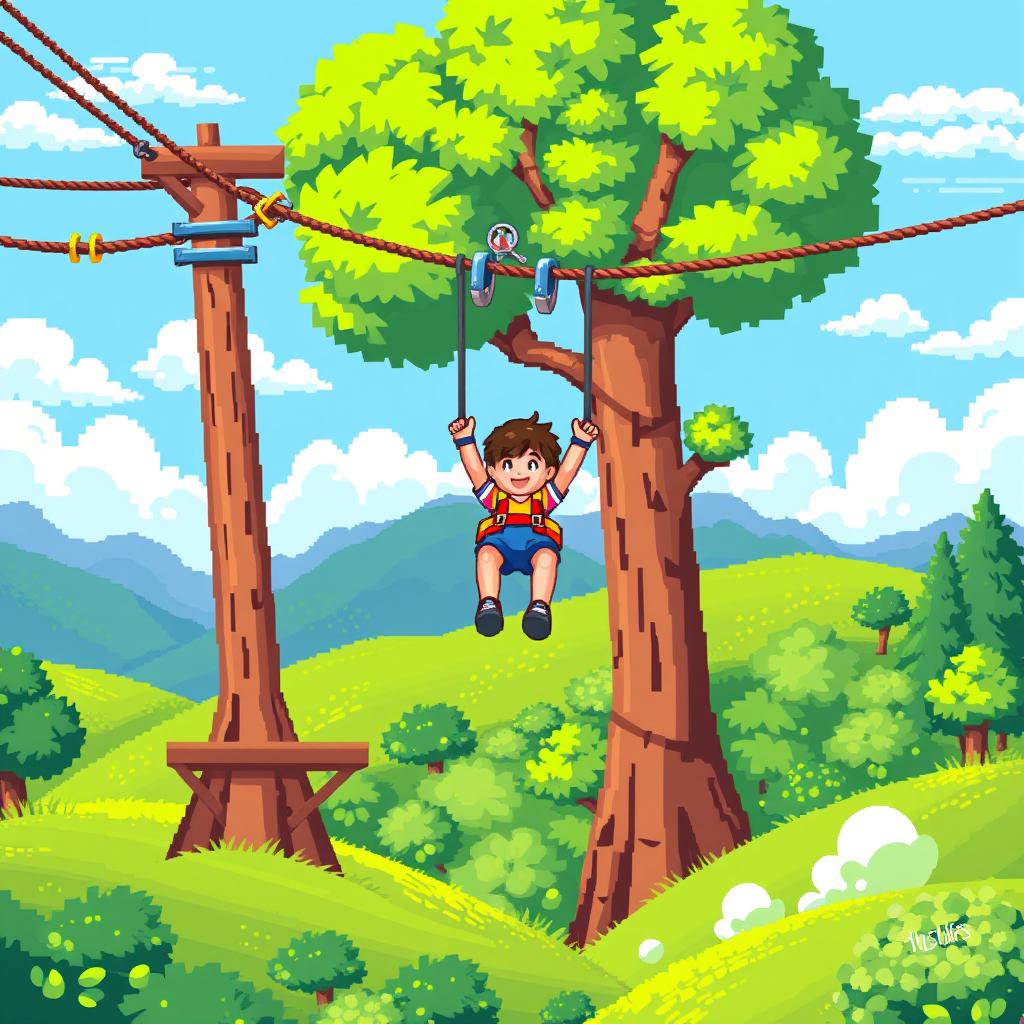 Pixel art illustration of a fun and adventurous zip line