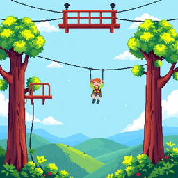 Pixel art illustration of a fun and adventurous zip line