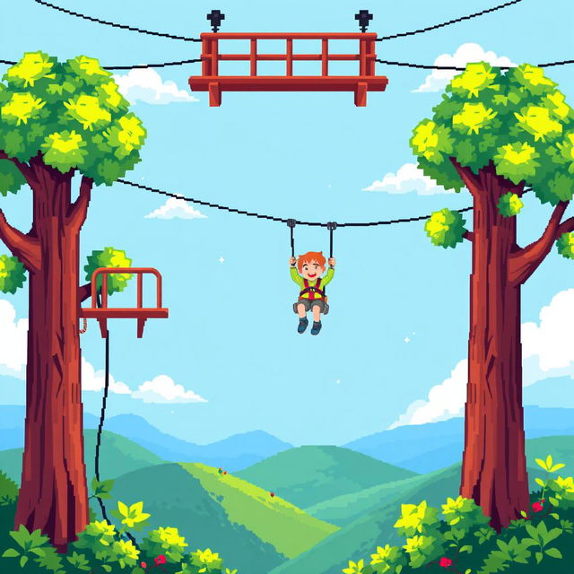 Pixel art illustration of a fun and adventurous zip line