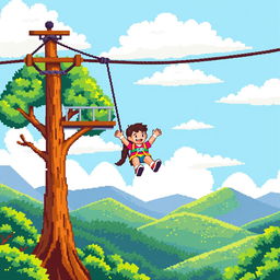 Pixel art illustration of a fun and adventurous zip line