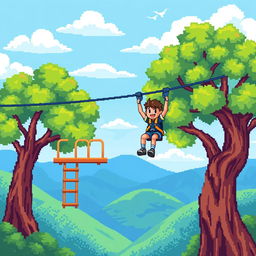 Pixel art illustration of a fun and adventurous zip line