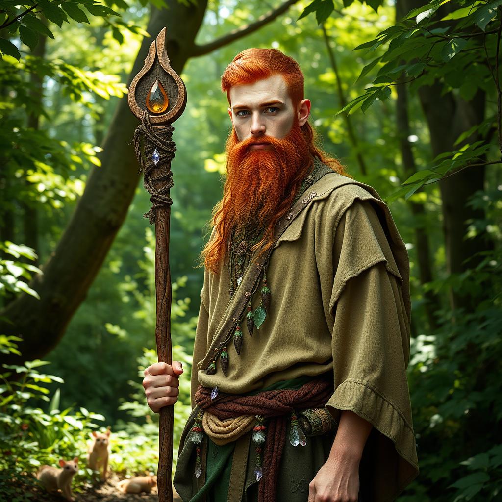 A full-length portrait of a male half-elf druid standing confidently in a lush green forest