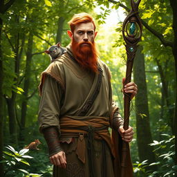 A full-length portrait of a male half-elf druid standing confidently in a lush green forest