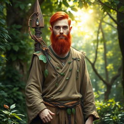 A full-length portrait of a male half-elf druid standing confidently in a lush green forest