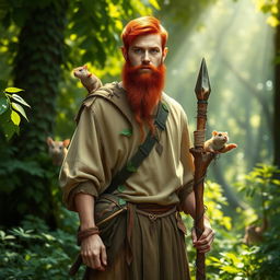 A full-length portrait of a male half-elf druid standing confidently in a lush green forest