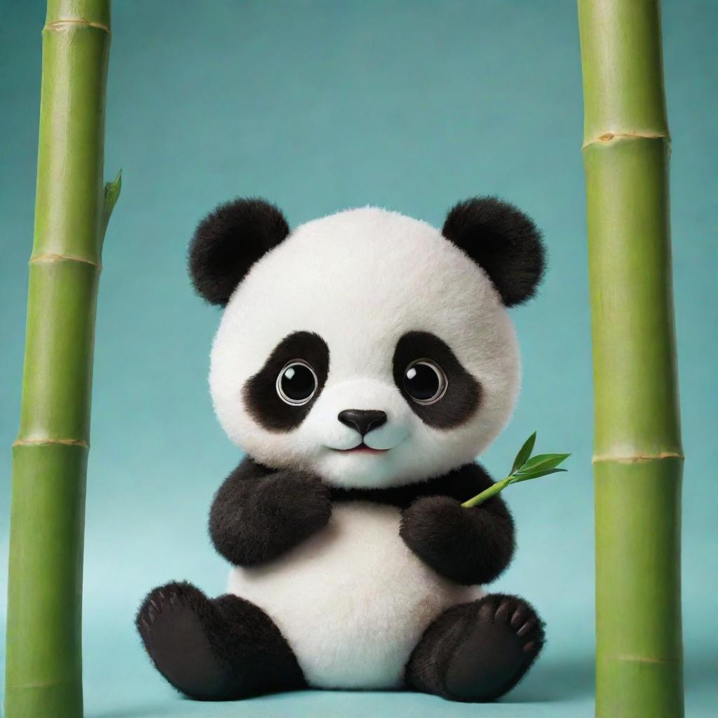 Design an adorable baby panda, with large, curious eyes, munching on a bamboo shoot, exuding the ultimate level of cuteness.