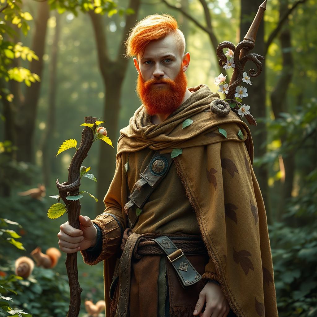 A full-length portrait of a male half-elf druid standing proudly in a vibrant, enchanting forest