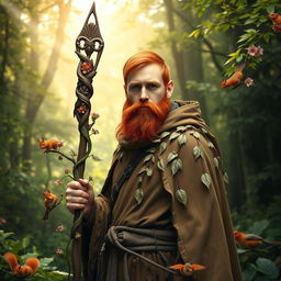 A full-length portrait of a male half-elf druid standing proudly in a vibrant, enchanting forest