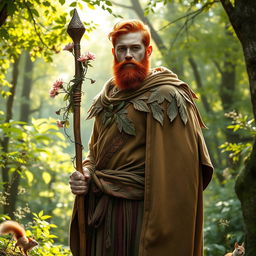 A full-length portrait of a male half-elf druid standing proudly in a vibrant, enchanting forest