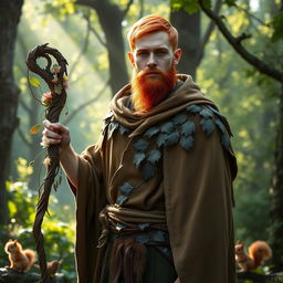 A full-length portrait of a male half-elf druid standing proudly in a vibrant, enchanting forest