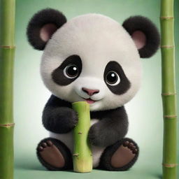 Design an adorable baby panda, with large, curious eyes, munching on a bamboo shoot, exuding the ultimate level of cuteness.