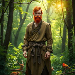 A full-length portrait of a male half-elf druid standing confidently in a vibrant, green forest