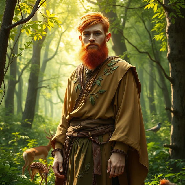 A full-length portrait of a male half-elf druid standing confidently in a vibrant, green forest