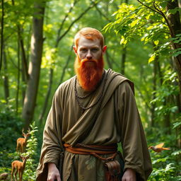 A full-length portrait of a male half-elf druid standing confidently in a vibrant, green forest