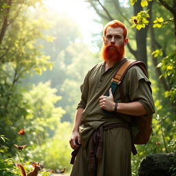 A full-length portrait of a male half-elf druid standing in a lush, vibrant forest