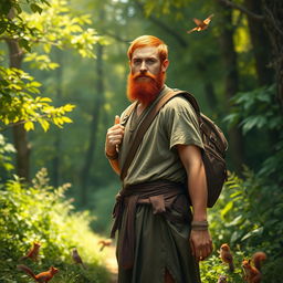 A full-length portrait of a male half-elf druid standing in a lush, vibrant forest