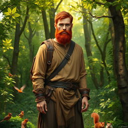 A full-length portrait of a male half-elf druid standing in a lush, vibrant forest