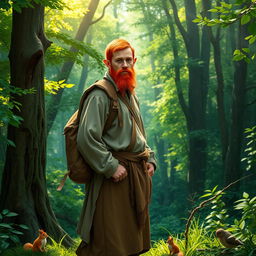 A full-length portrait of a male half-elf druid standing in a lush, vibrant forest