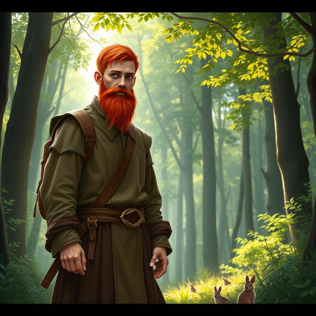 A full-length artistic depiction of a male half-elf druid standing in a lush, vibrant forest