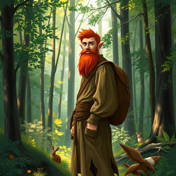 A full-length artistic depiction of a male half-elf druid standing in a lush, vibrant forest