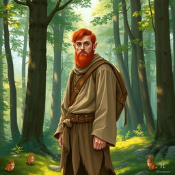 A full-length artistic depiction of a male half-elf druid standing in a lush, vibrant forest