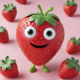 Create an adorable, bright and colorful strawberry character, with big, twinkling eyes and a charming smile.