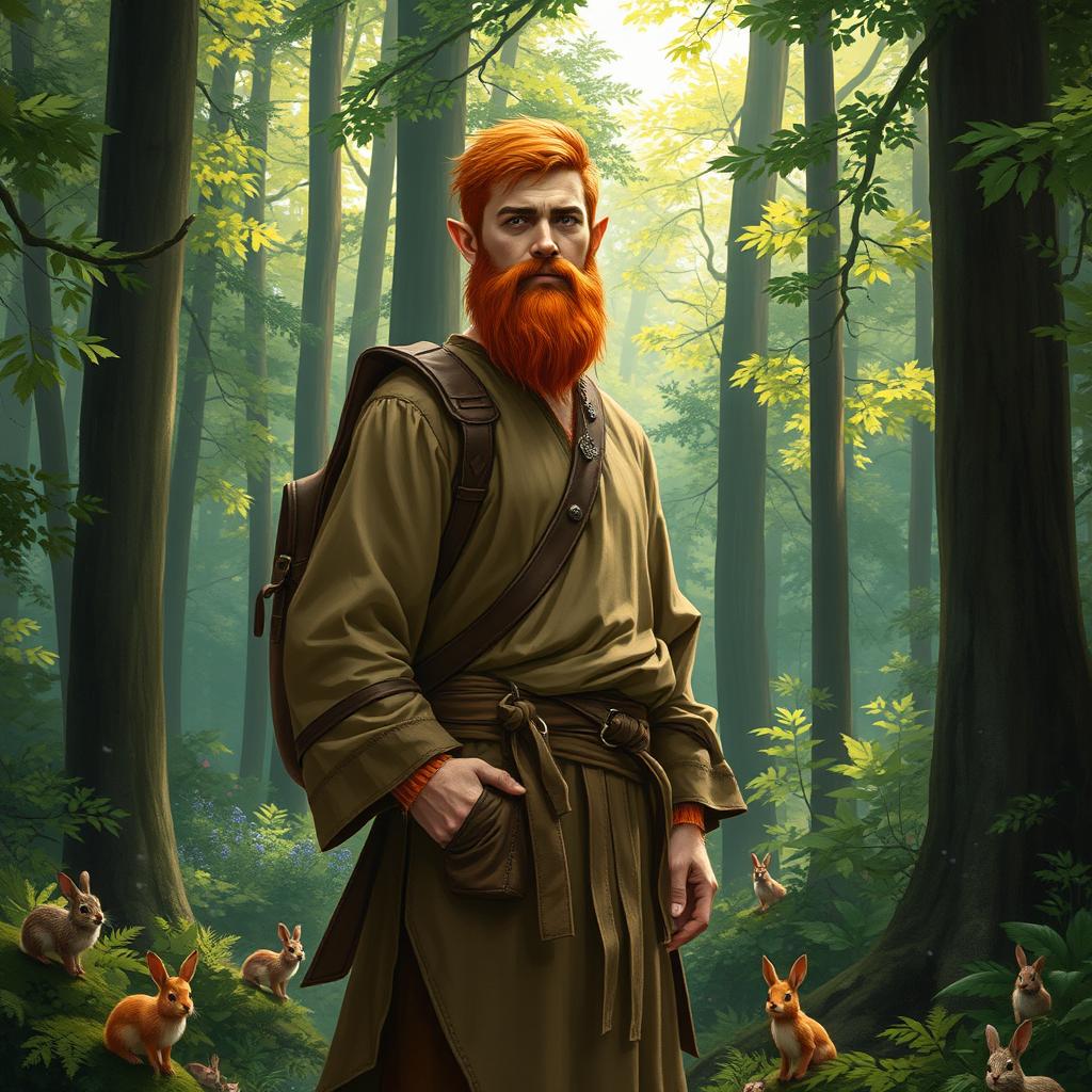 A full-length artistic depiction of a male half-elf druid standing in a lush, vibrant forest