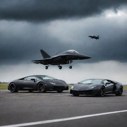 A sleek black Lamborghini and a sleek matte black fighter jet, side by side on a wide open runway, under a dramatic stormy sky.