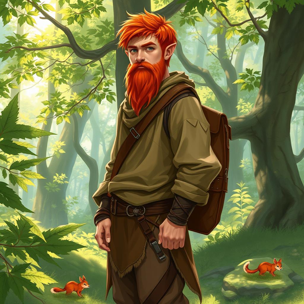 A full-length artistic portrayal of a male half-elf druid standing gracefully in a vibrant forest